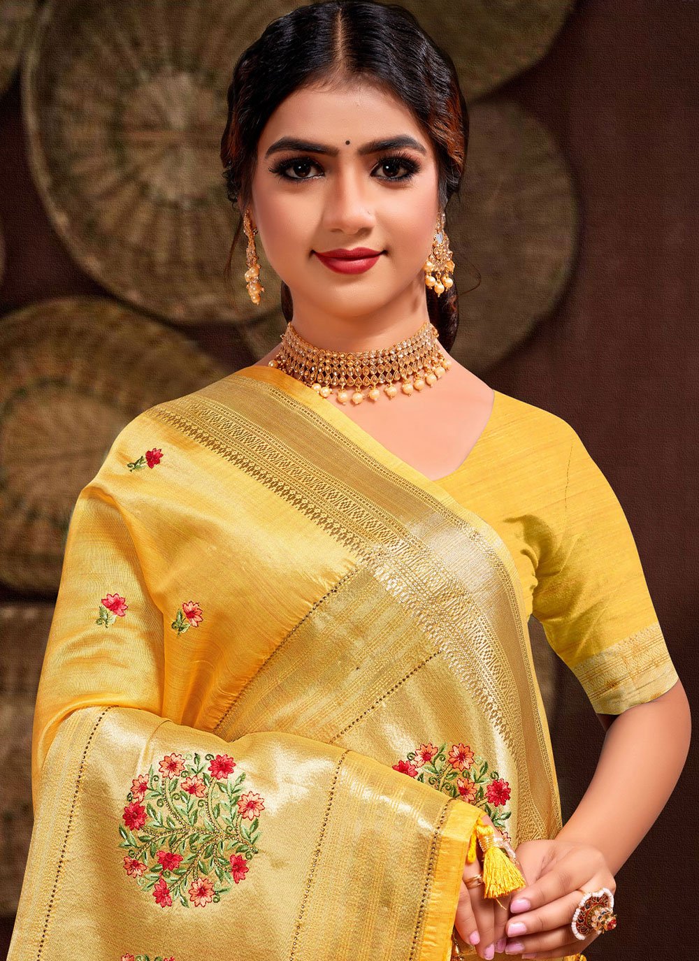 Classic Silk Tissue Mustard Embroidered Saree