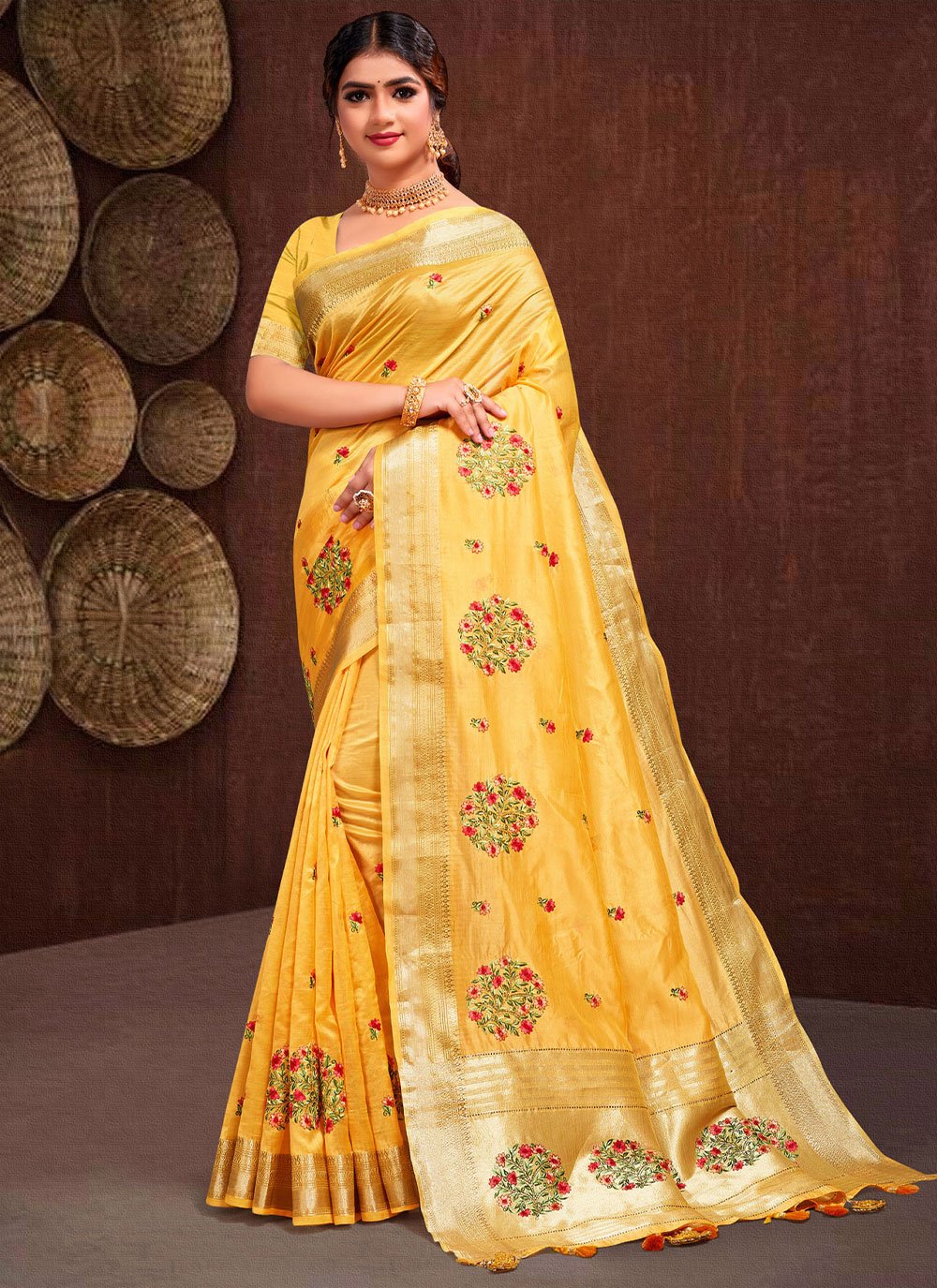 Classic Silk Tissue Mustard Embroidered Saree