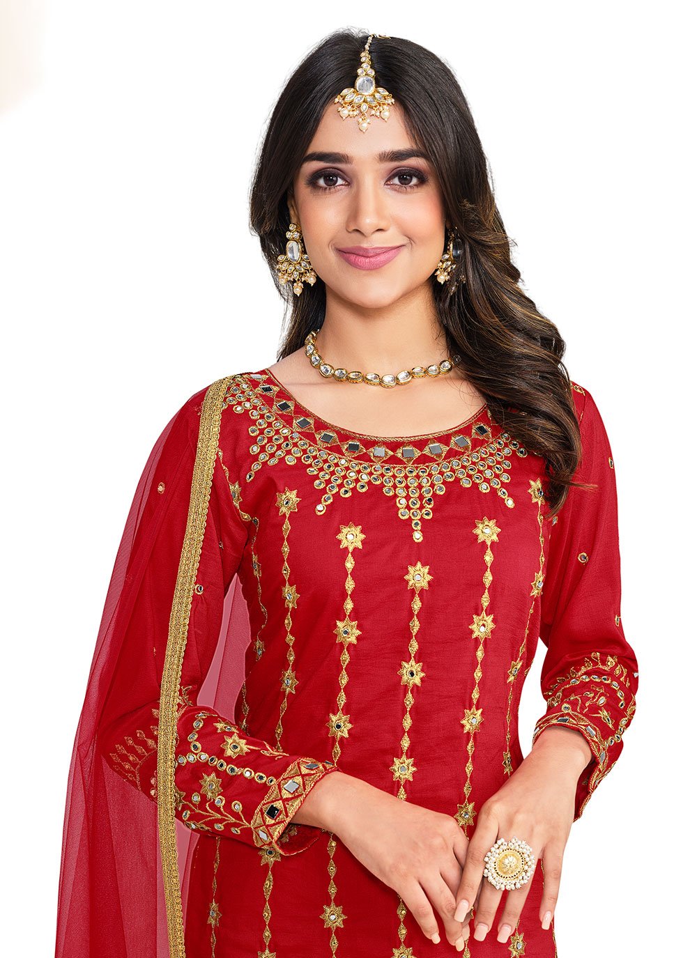 Straight Salwar Suit Silk Red Embroidered Salwar Kameez