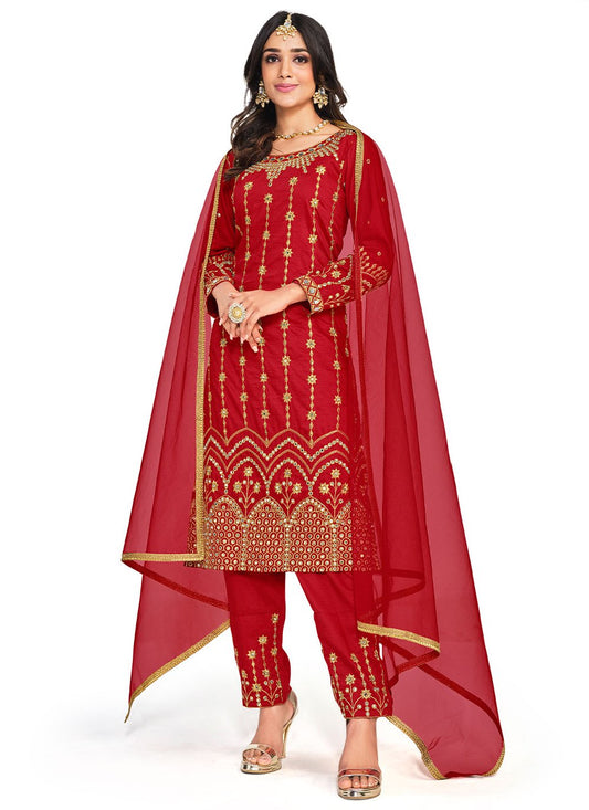 Straight Salwar Suit Silk Red Embroidered Salwar Kameez