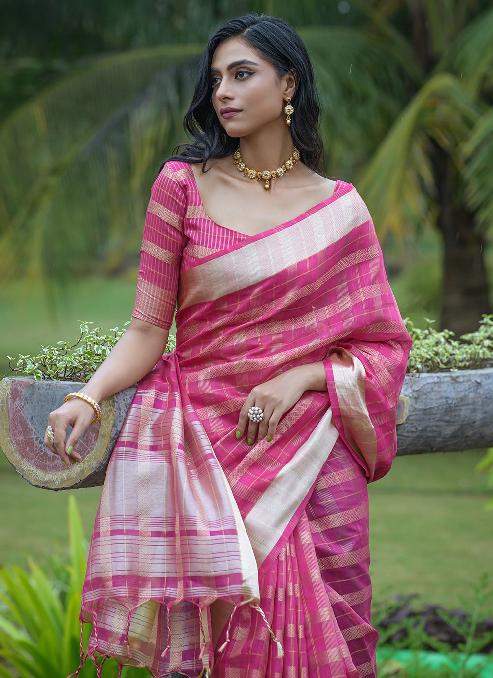 Classic Organza Silk Rani Strips Print Saree