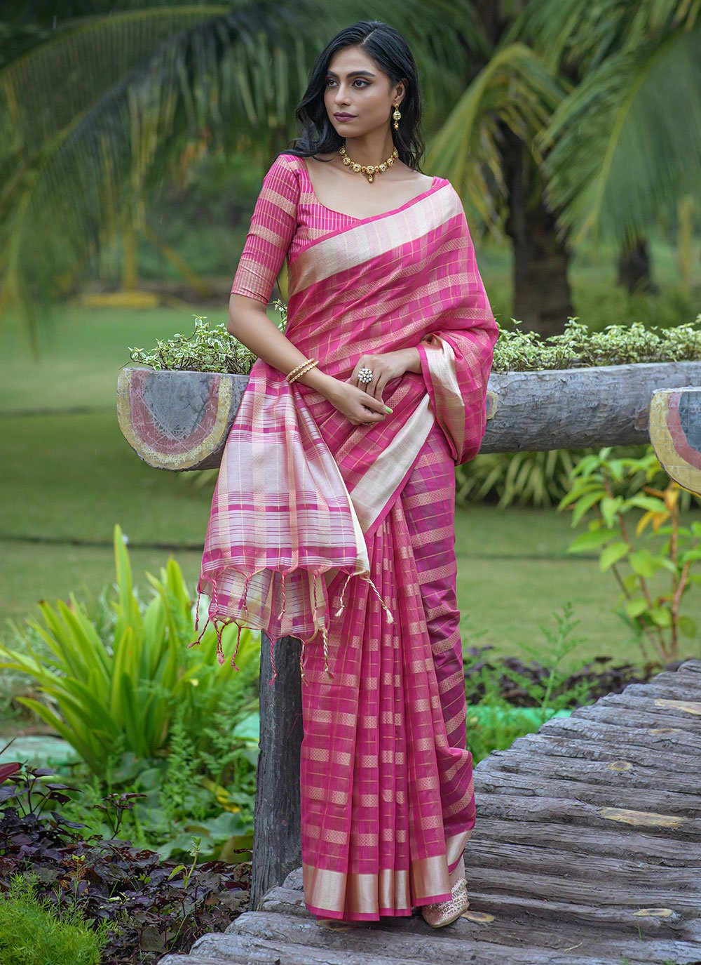 Classic Organza Silk Rani Strips Print Saree