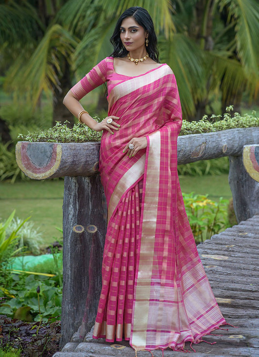 Classic Organza Silk Rani Strips Print Saree