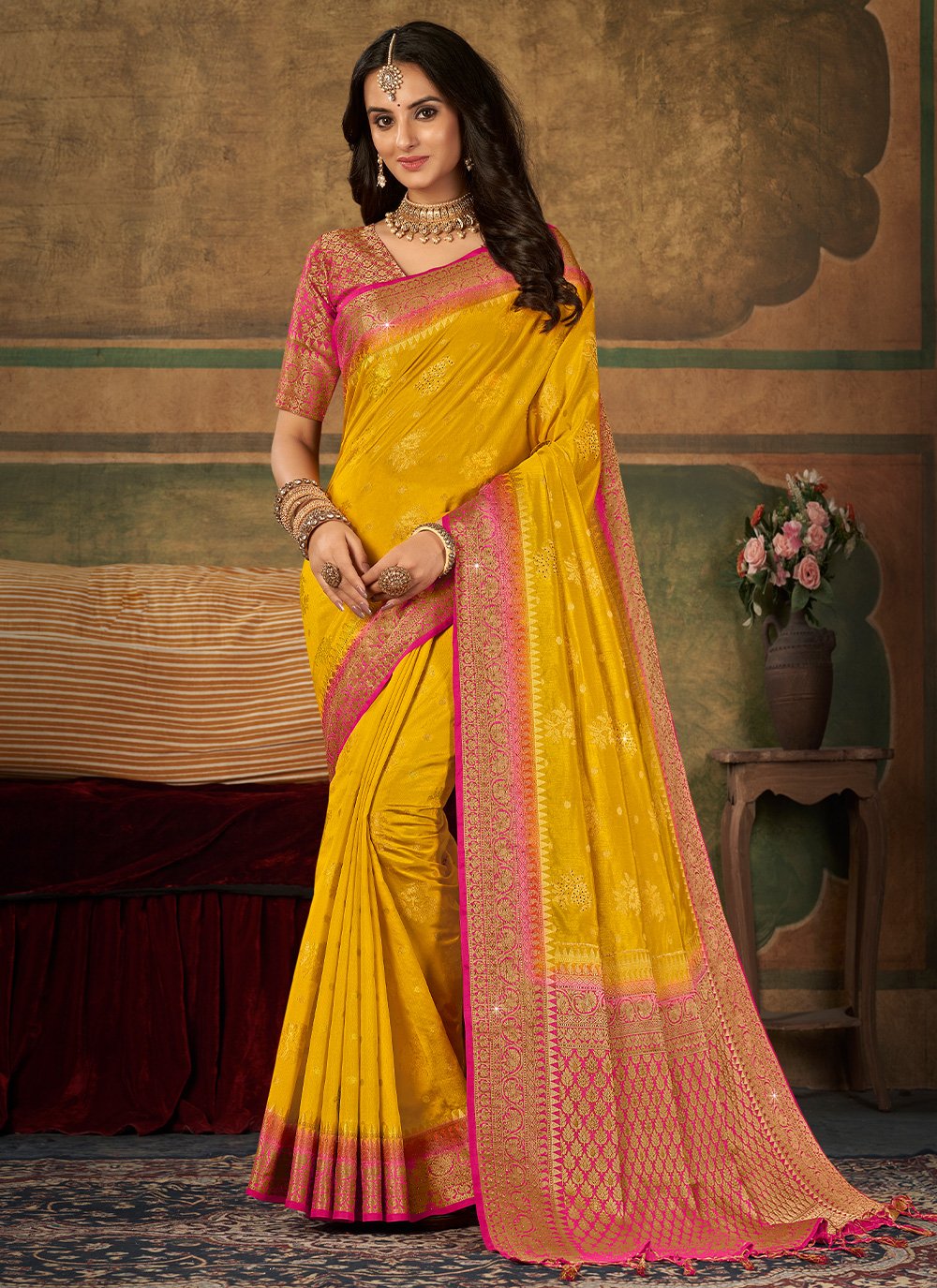 Trendy Saree Pure Dola Silk Mustard Swarovski Saree