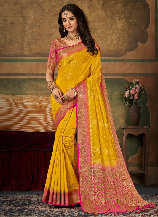 Trendy Saree Pure Dola Silk Mustard Swarovski Saree