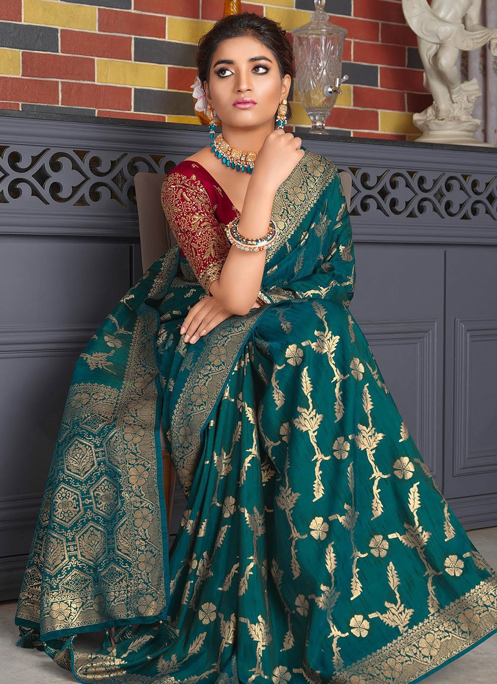 Classic Silk Teal Patch Border Saree