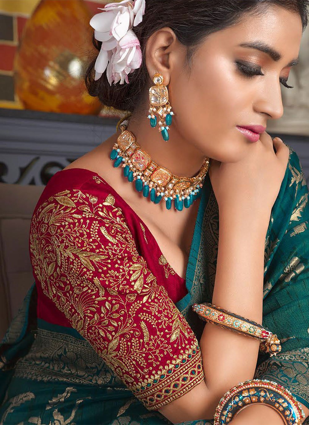 Classic Silk Teal Patch Border Saree