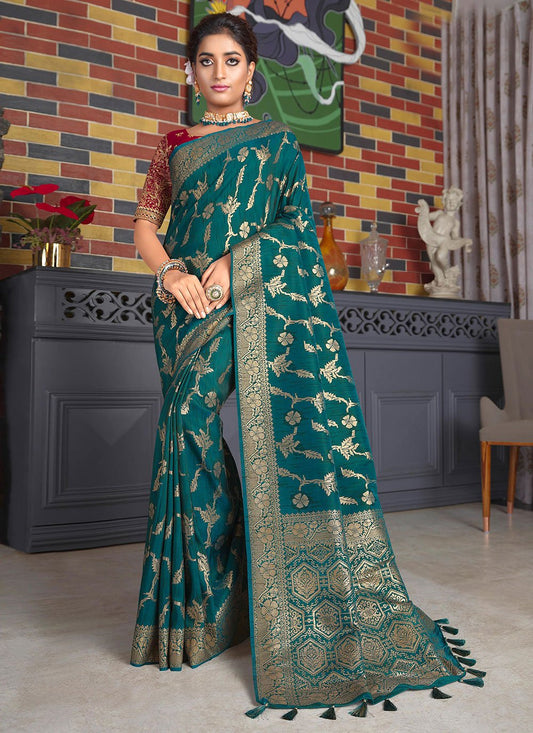 Classic Silk Teal Patch Border Saree