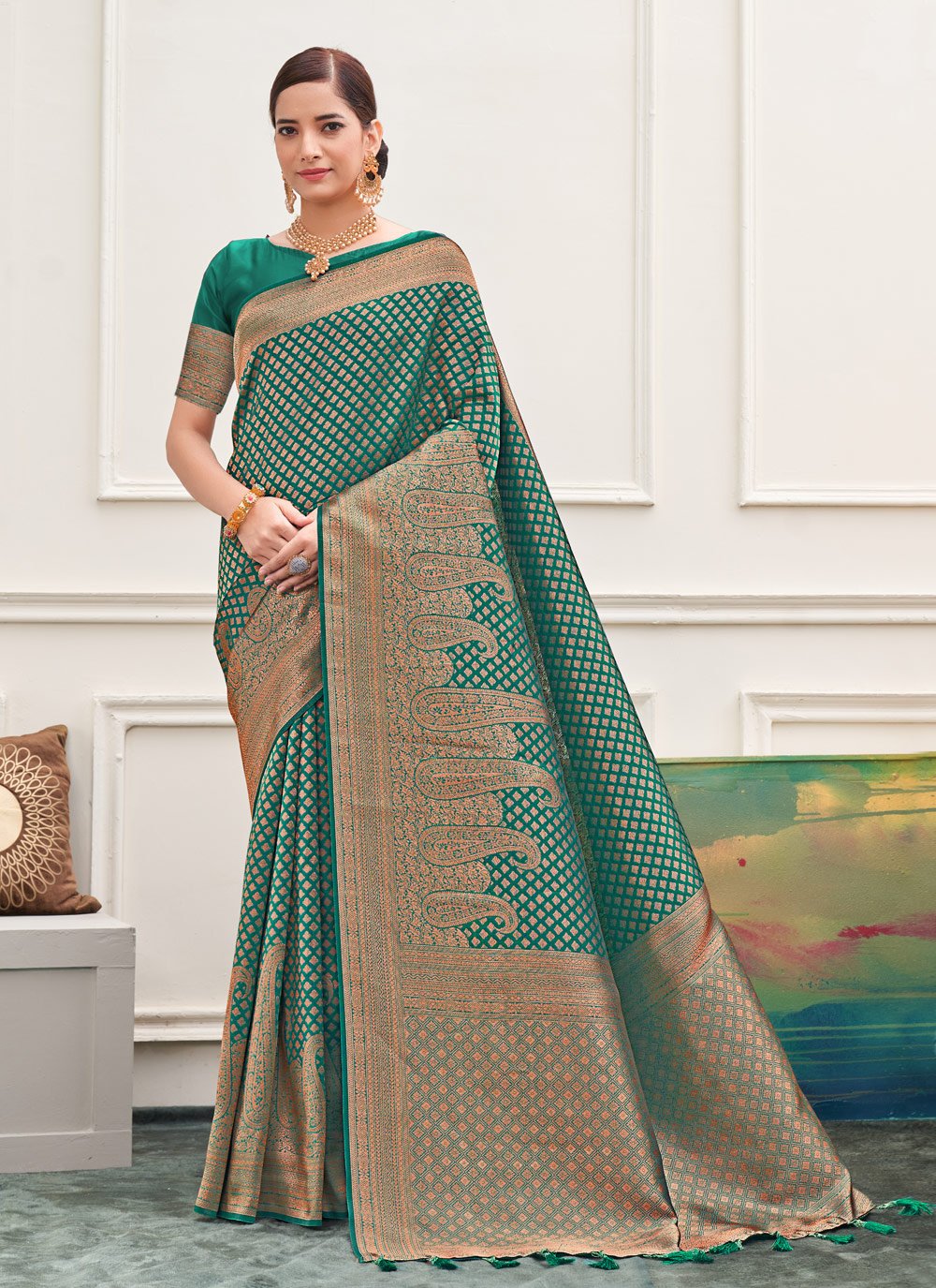 Designer Silk Teal Weaving Saree