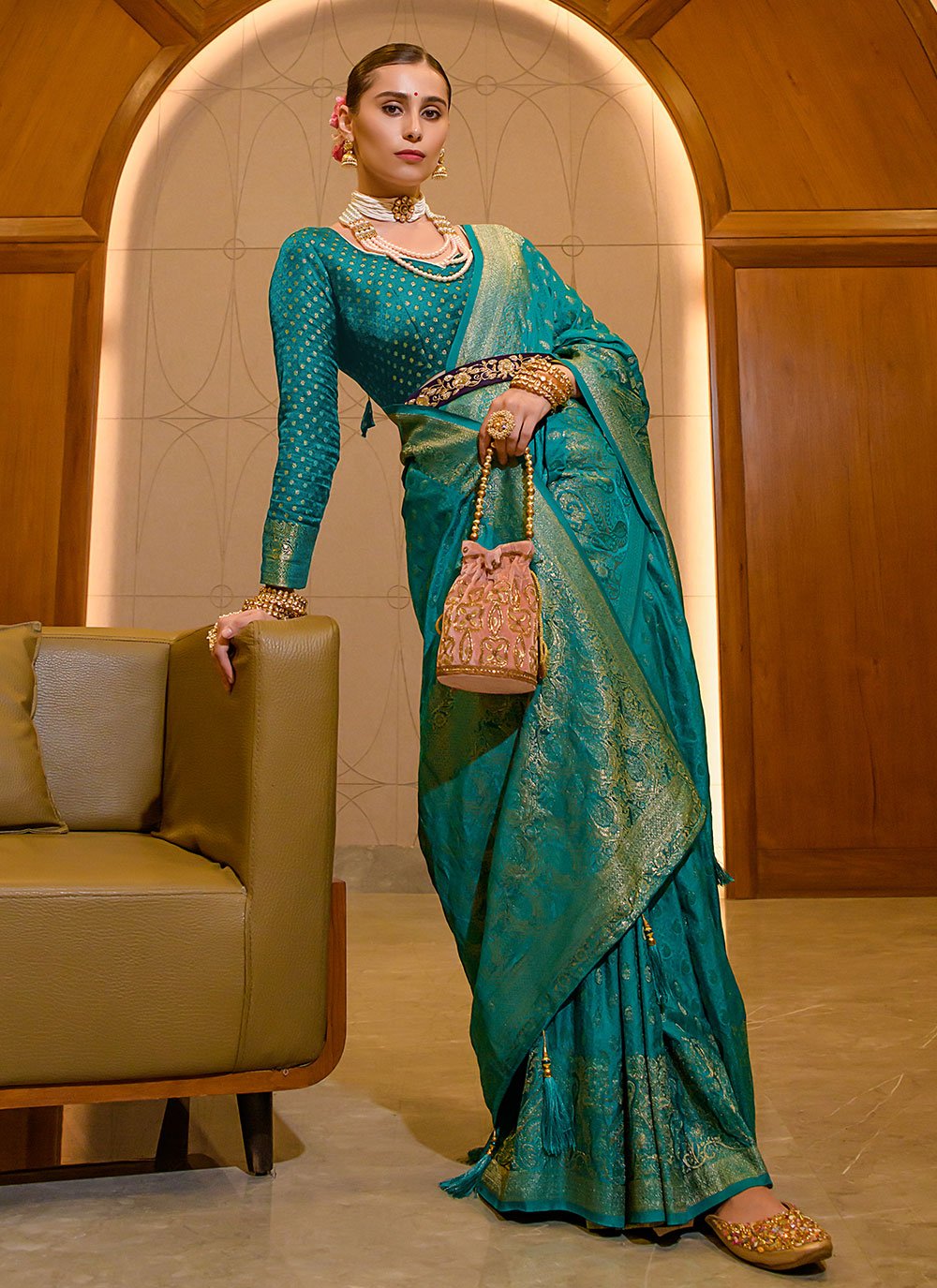 Designer Silk Teal Weaving Saree