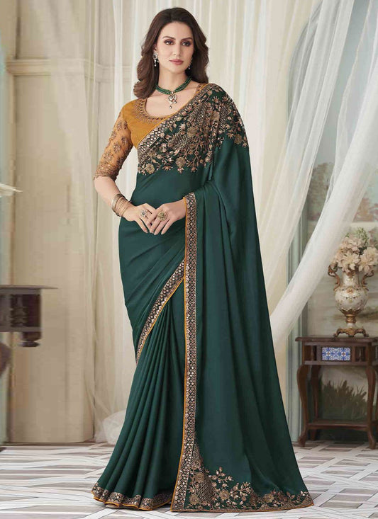 Classic Silk Teal Embroidered Saree