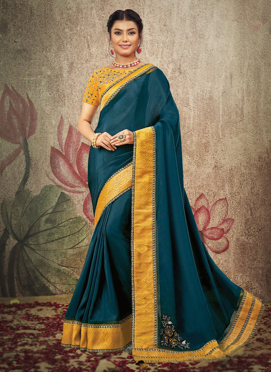 Contemporary Georgette Silk Teal Embroidered Saree