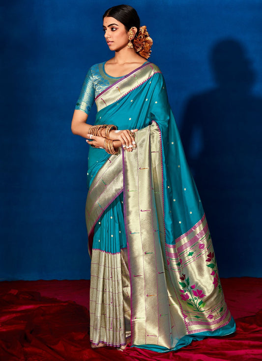 Trendy Saree Silk Teal Patch Border Saree