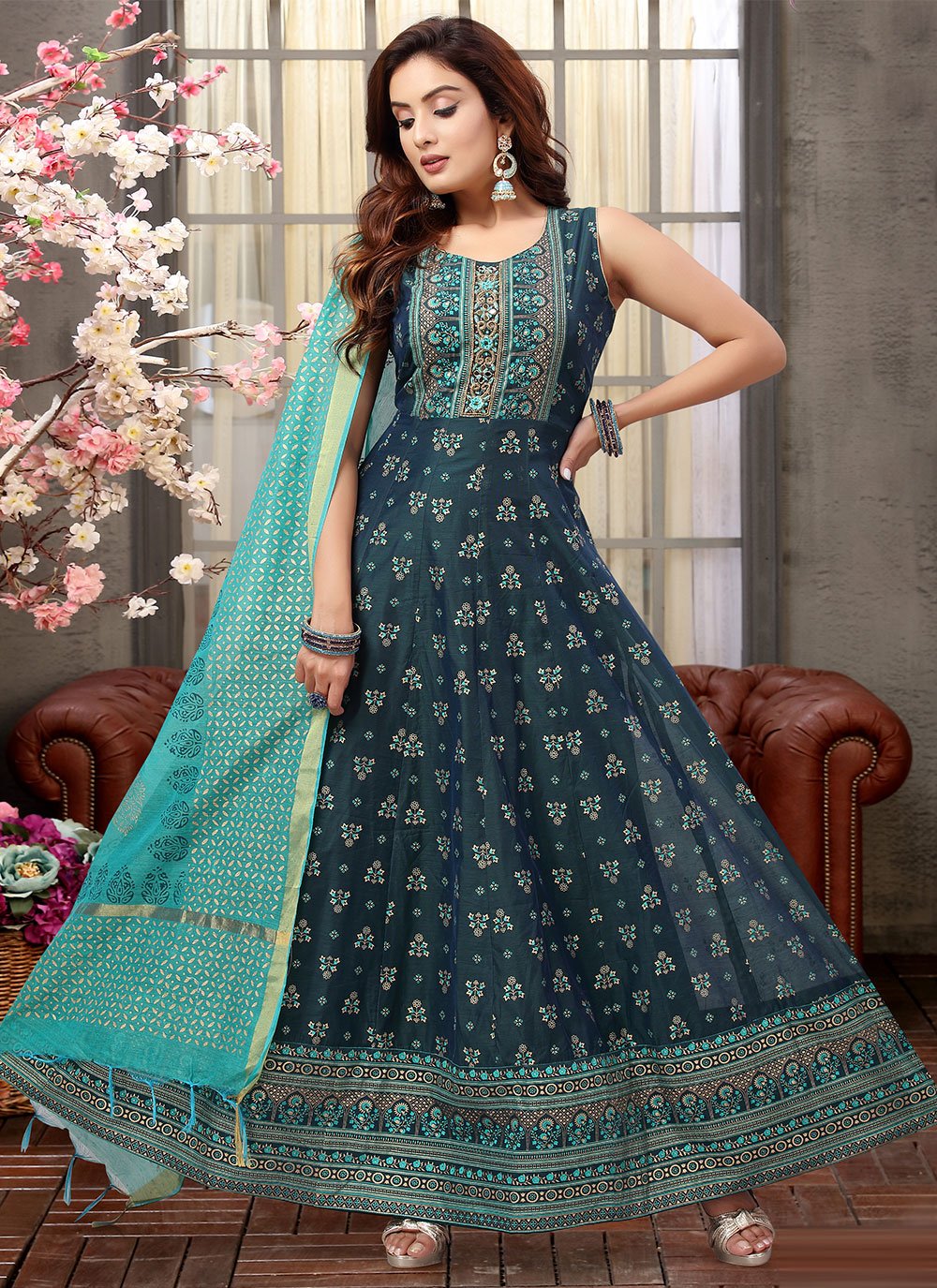 Salwar Suit Silk Teal Embroidered Salwar Kameez