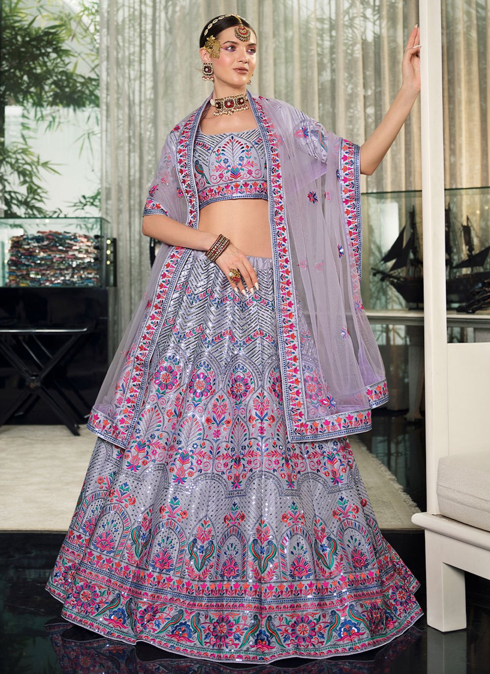 A Line Lehenga Silk Violet Embroidered Lehenga Choli