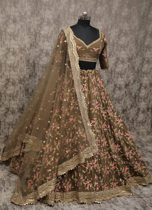 A Line Lehenga Silk Brown Embroidered Lehenga Choli