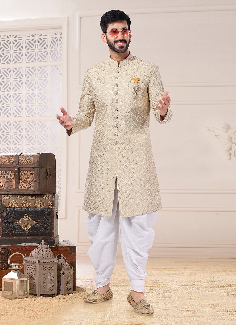 Indo Western Sherwani Silk Gold Thread Mens