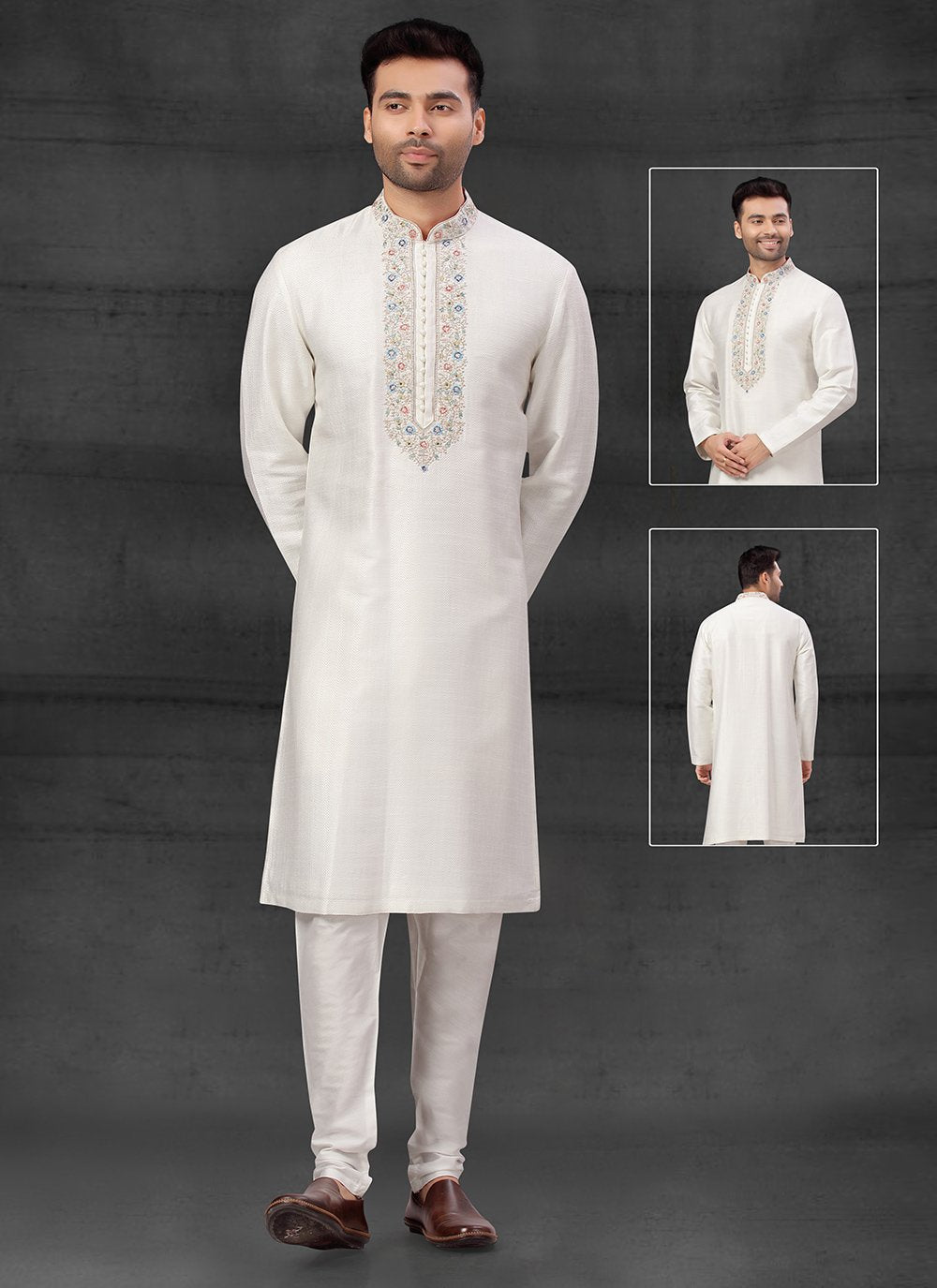 Kurta Pyjama Silk Off White Thread Mens