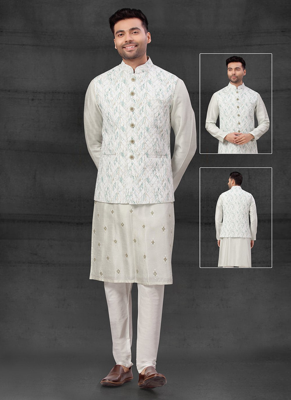 Kurta Payjama With Jacket Silk Off White Thread Mens