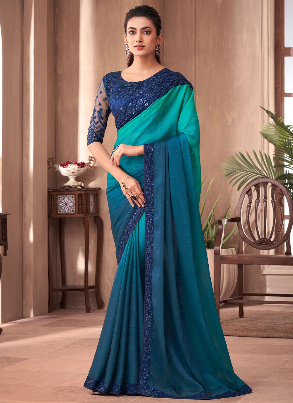 Traditional Saree Silk Blue Embroidered Saree