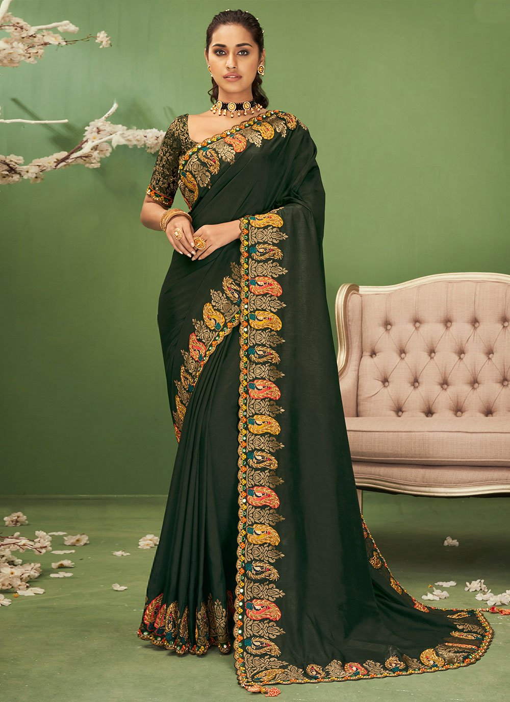 Traditional Saree Silk Green Foil Print Saree