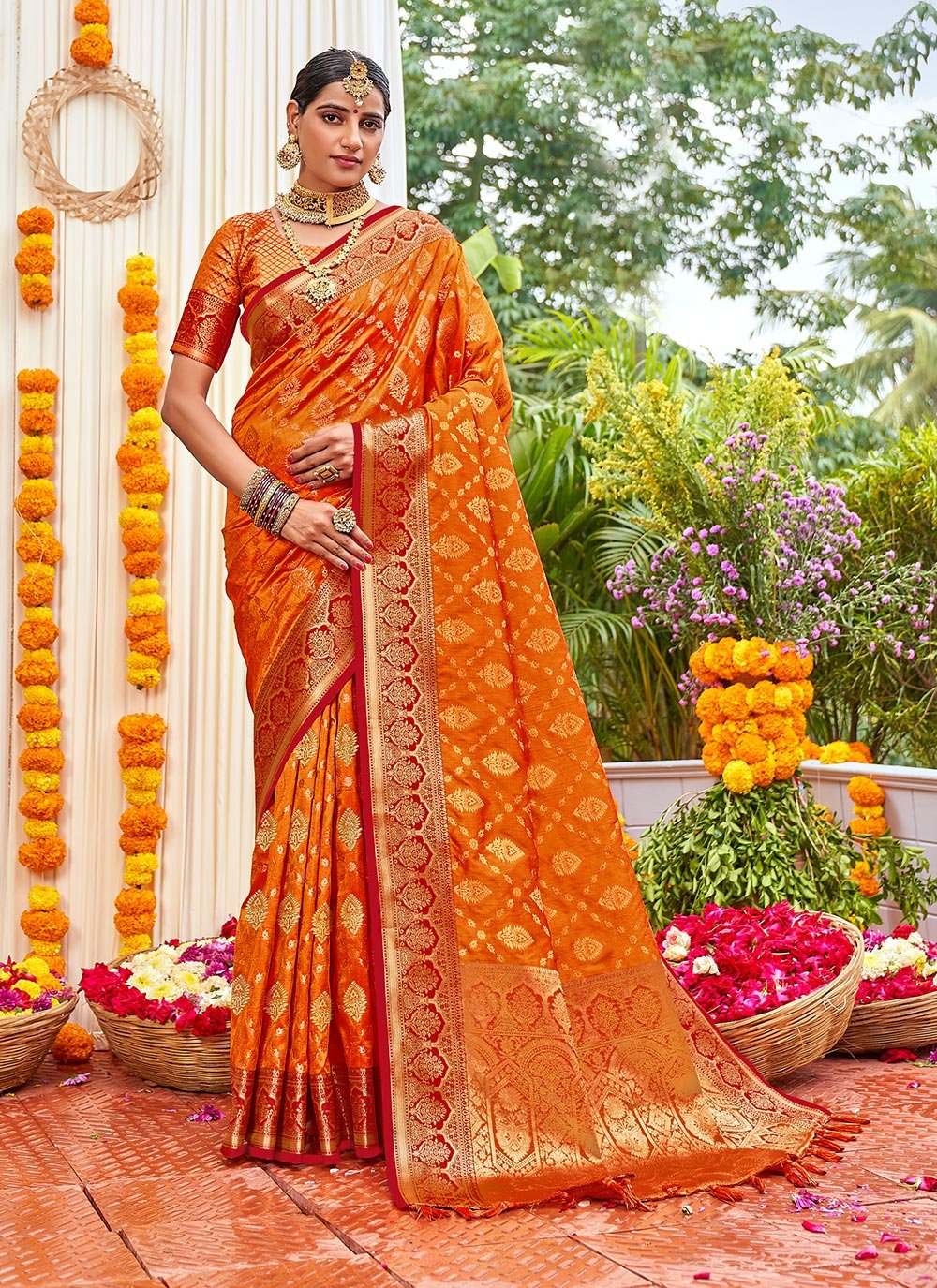 Traditional Saree Silk Orange Weaving Saree