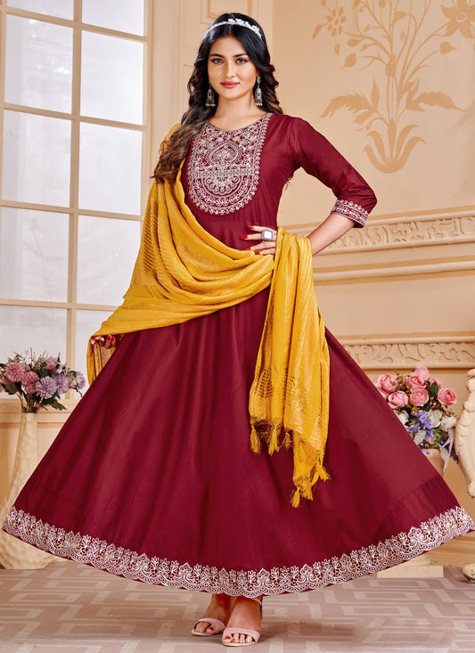 Gown Silk Maroon Embroidered Gown