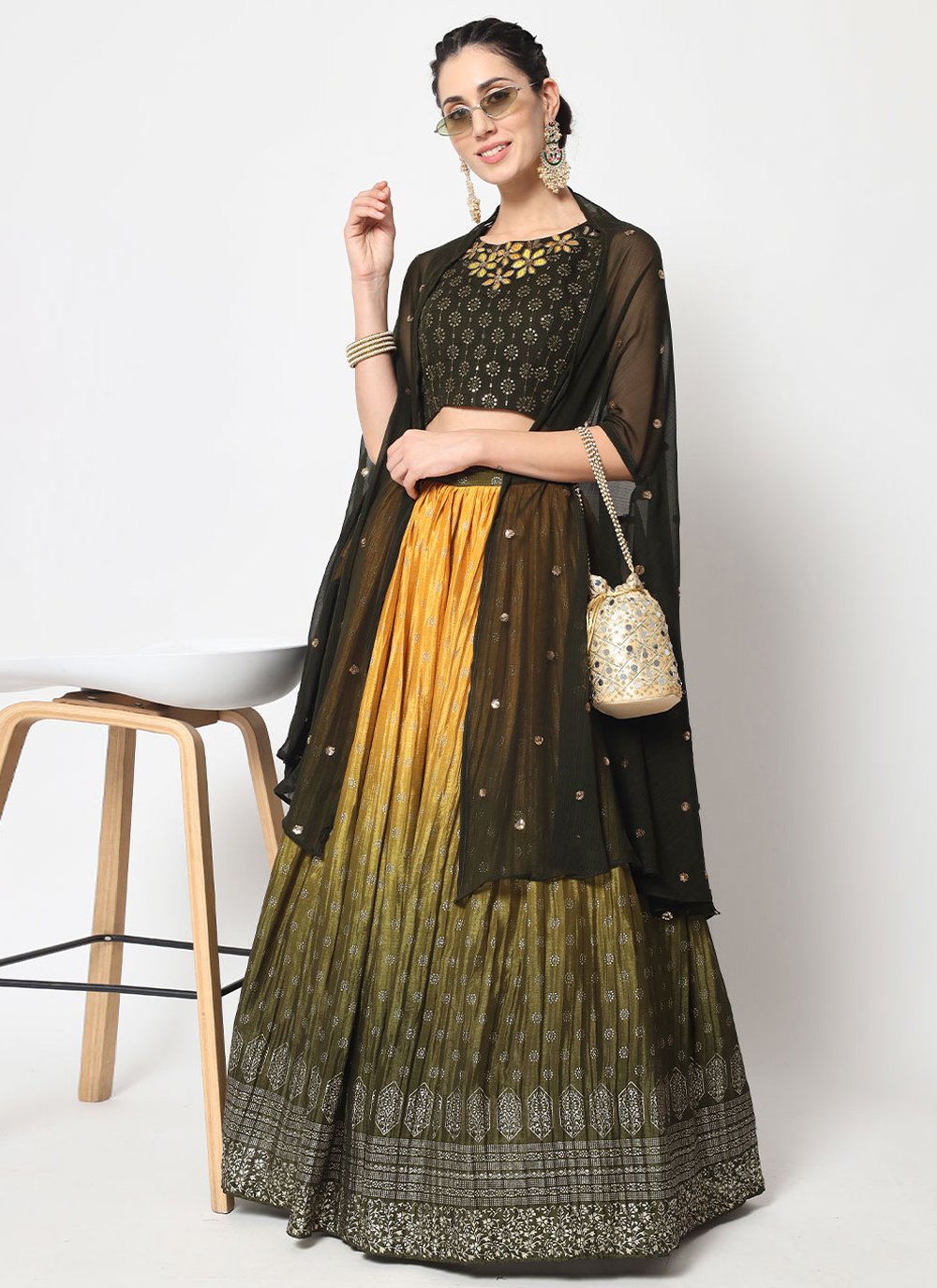 Lehenga Choli Chinon Silk Green Embroidered Lehenga Choli