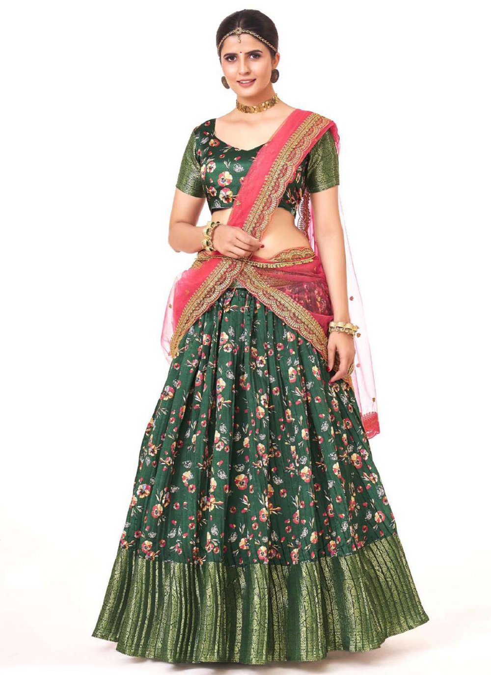 Lehenga Choli Silk Green Digital Print Lehenga Choli