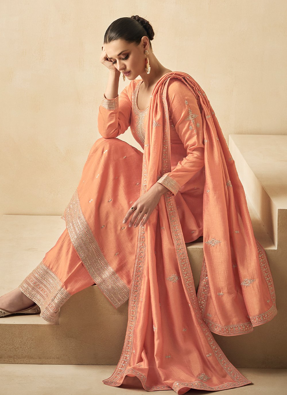 Salwar Suit Silk Orange Embroidered Salwar Kameez