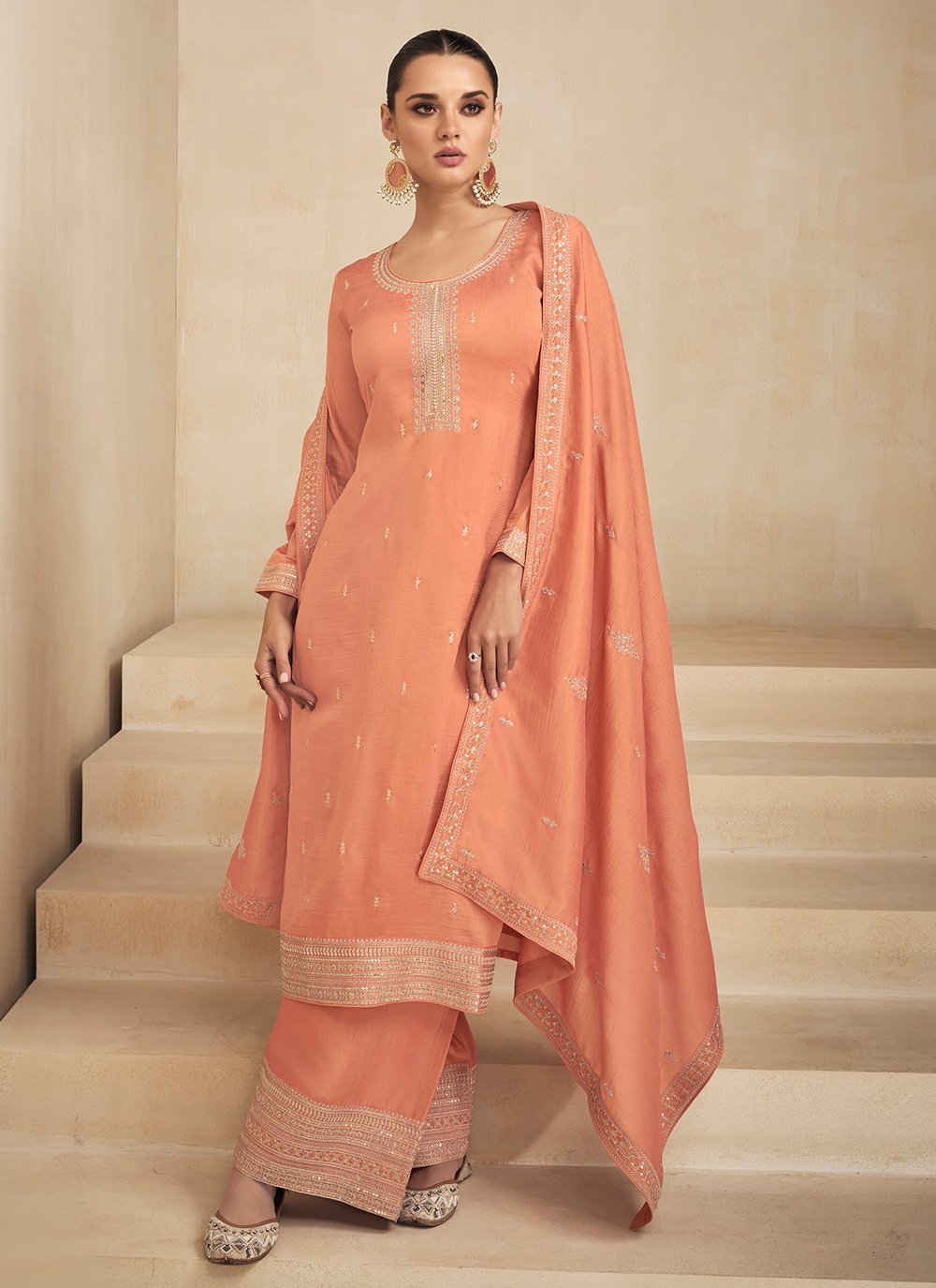 Salwar Suit Silk Orange Embroidered Salwar Kameez