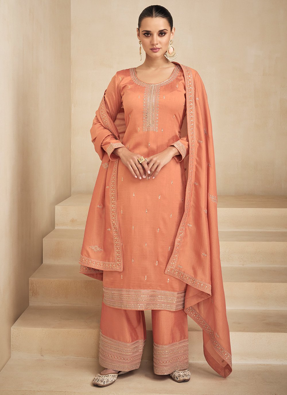 Salwar Suit Silk Orange Embroidered Salwar Kameez