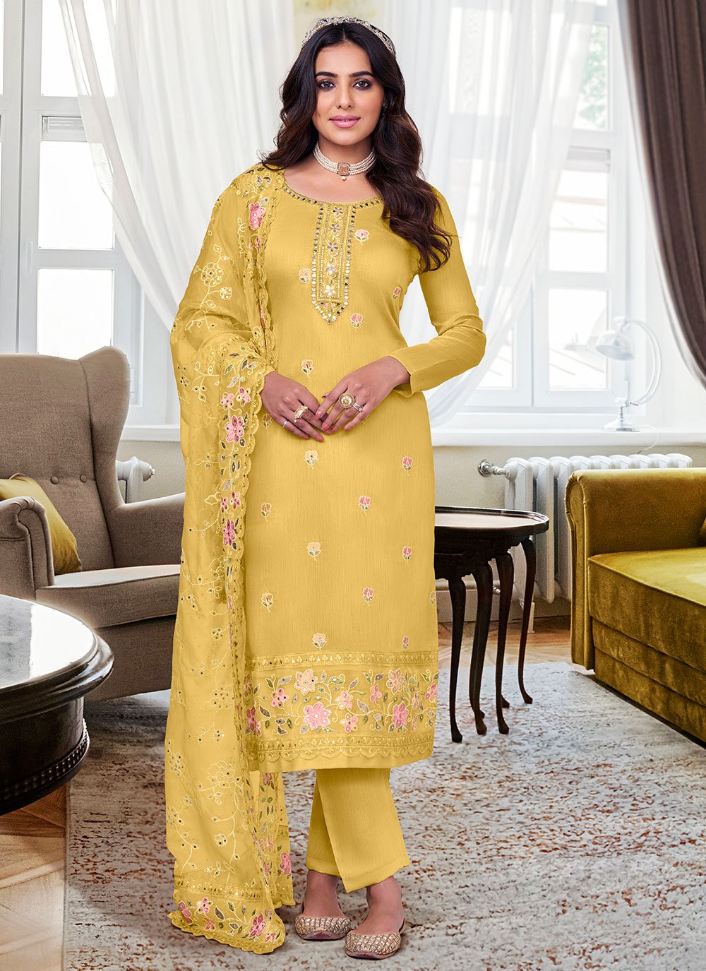 Salwar Suit Silk Viscose Yellow Embroidered Salwar Kameez