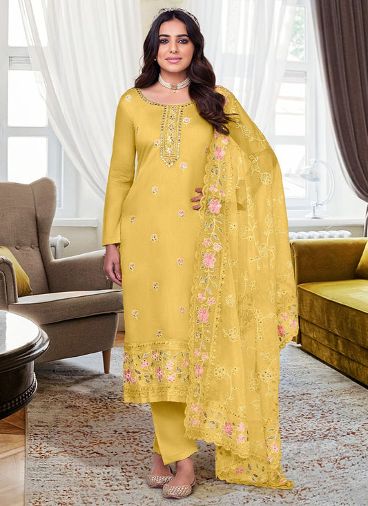 Salwar Suit Silk Viscose Yellow Embroidered Salwar Kameez
