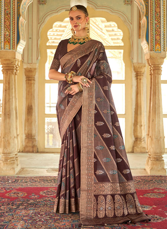 Trendy Saree Silk Brown Foil Print Saree