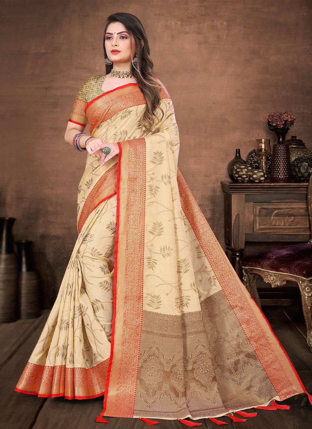 Trendy Saree Silk Cream Fancy Work Saree