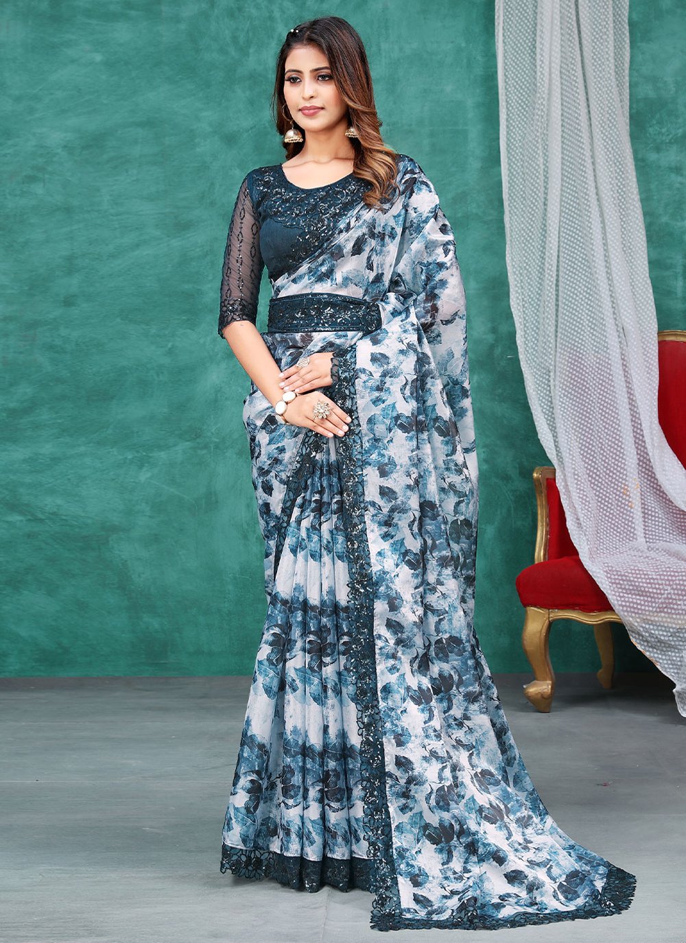 Trendy Saree Silk Aqua Blue Patch Border Saree