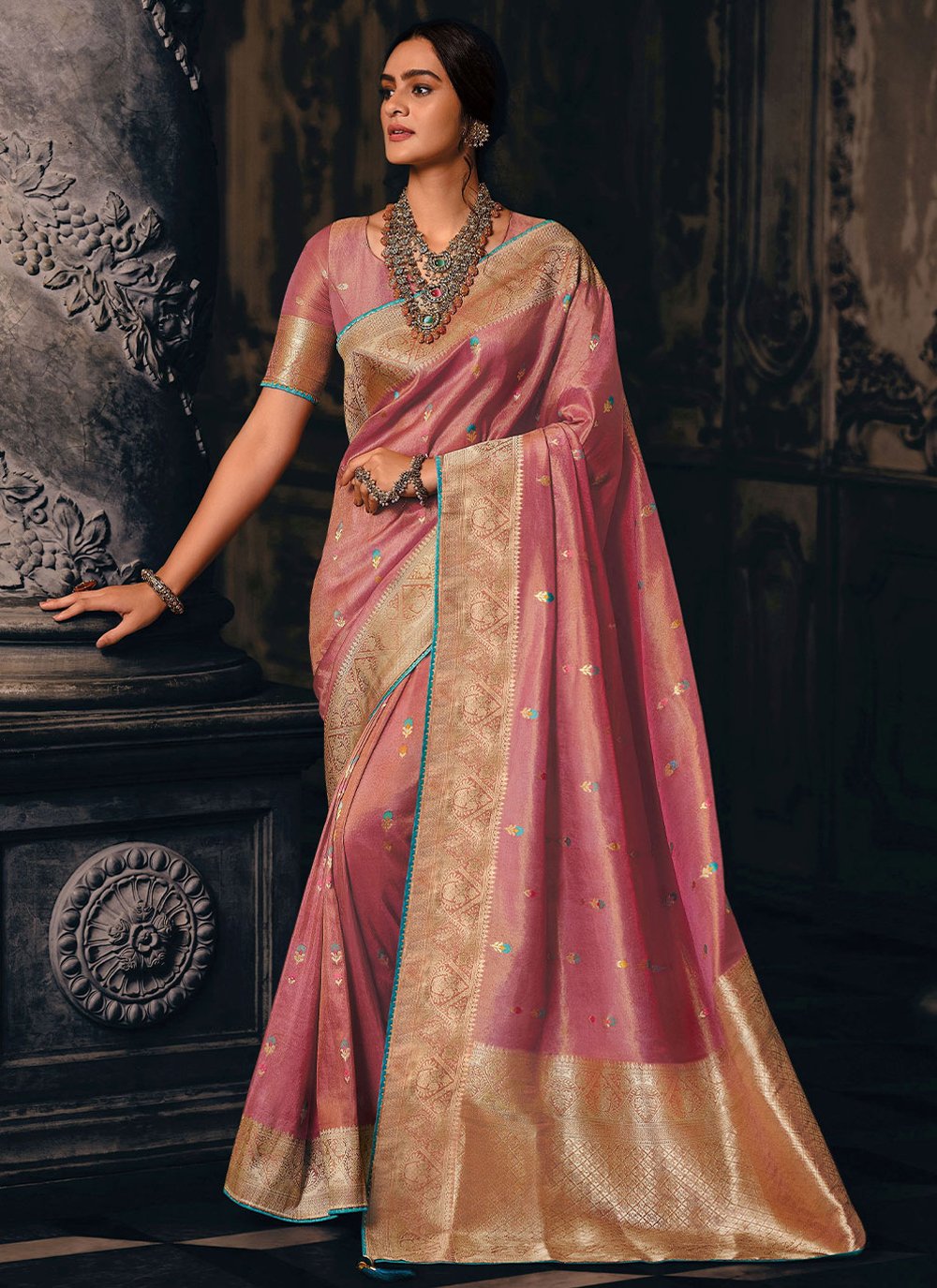 Trendy Saree Silk Tissue Pink Meenakari Saree