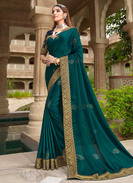 Trendy Saree Silk Teal Embroidered Saree