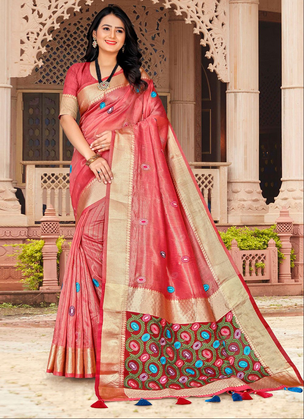 Trendy Saree Silk Tissue Pink Embroidered Saree