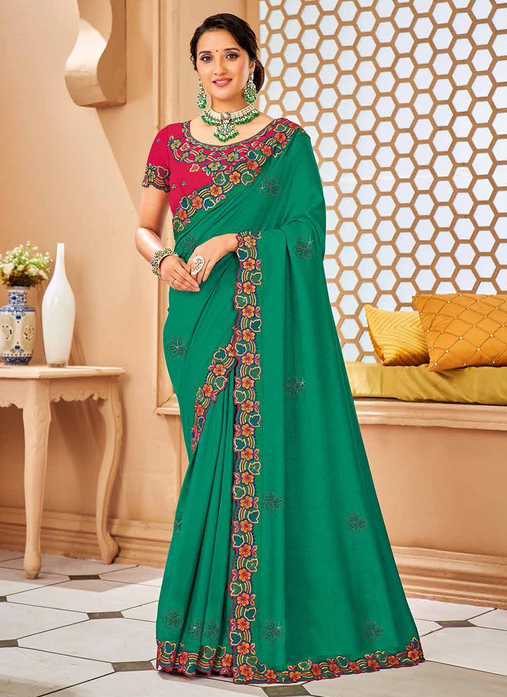 Trendy Saree Silk Green Patch Border Saree