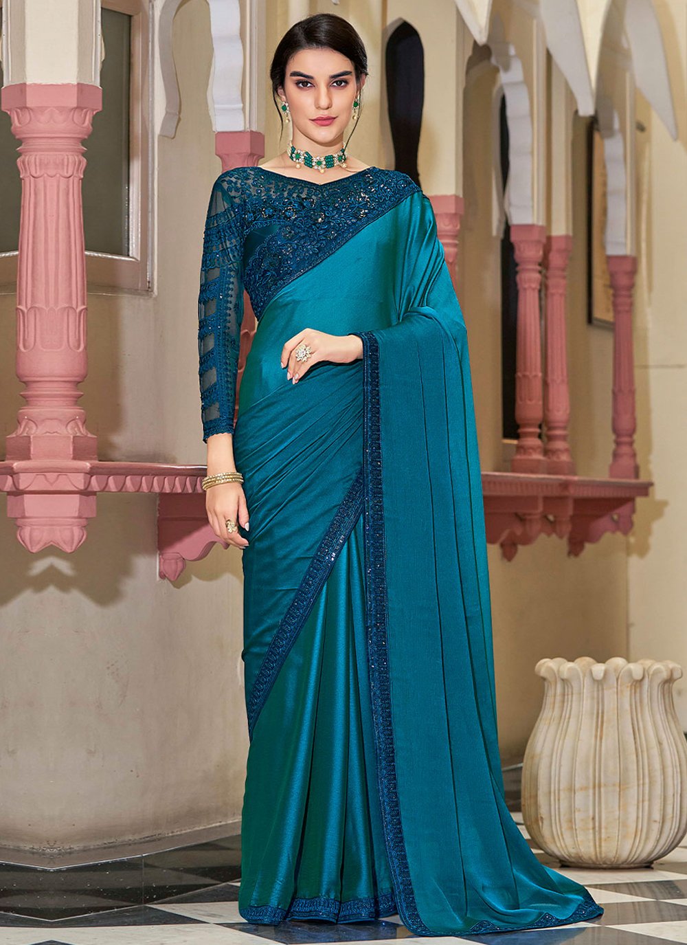 Trendy Saree Silk Blue Embroidered Saree