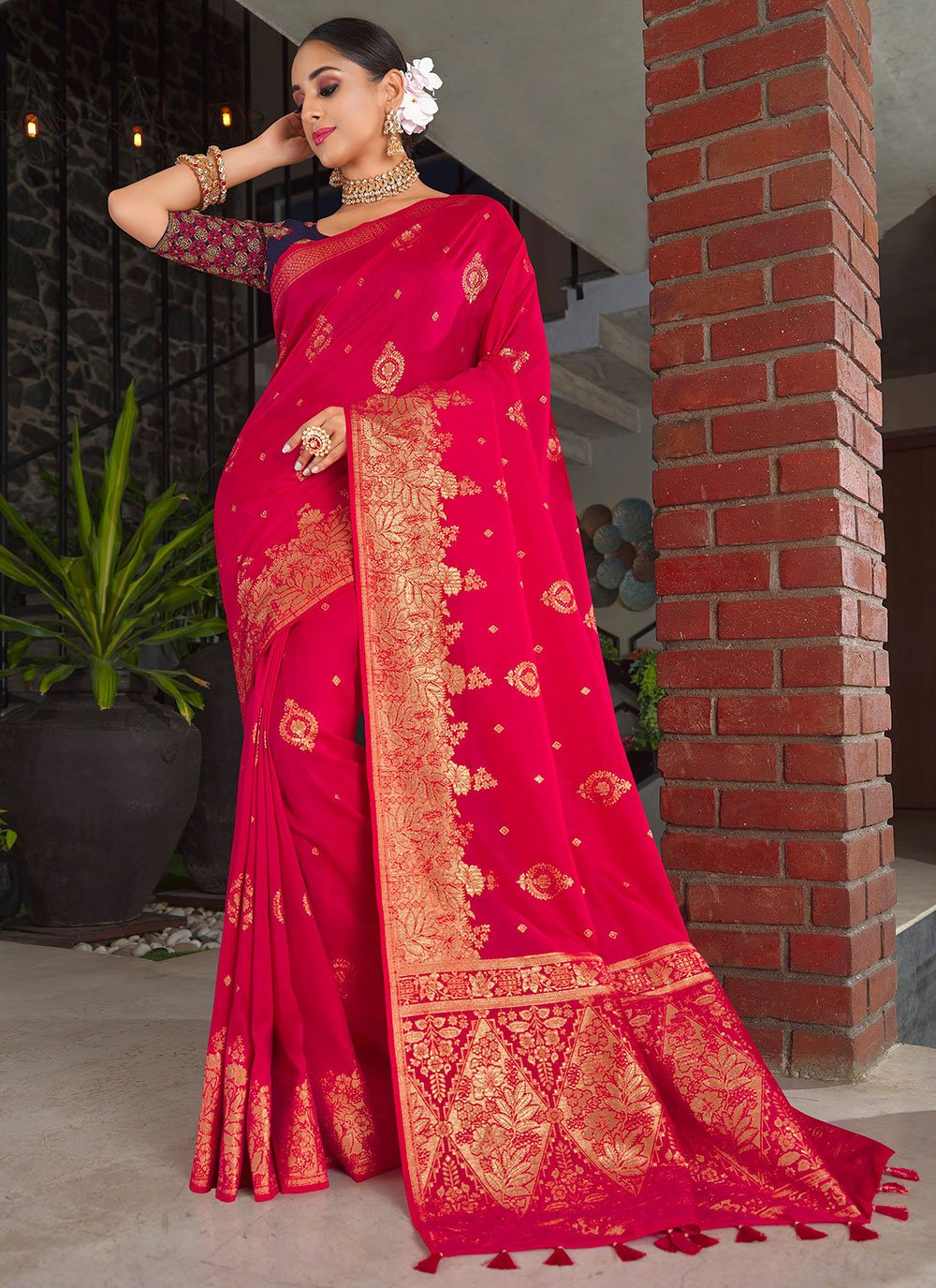 Trendy Saree Silk Hot Pink Patch Border Saree