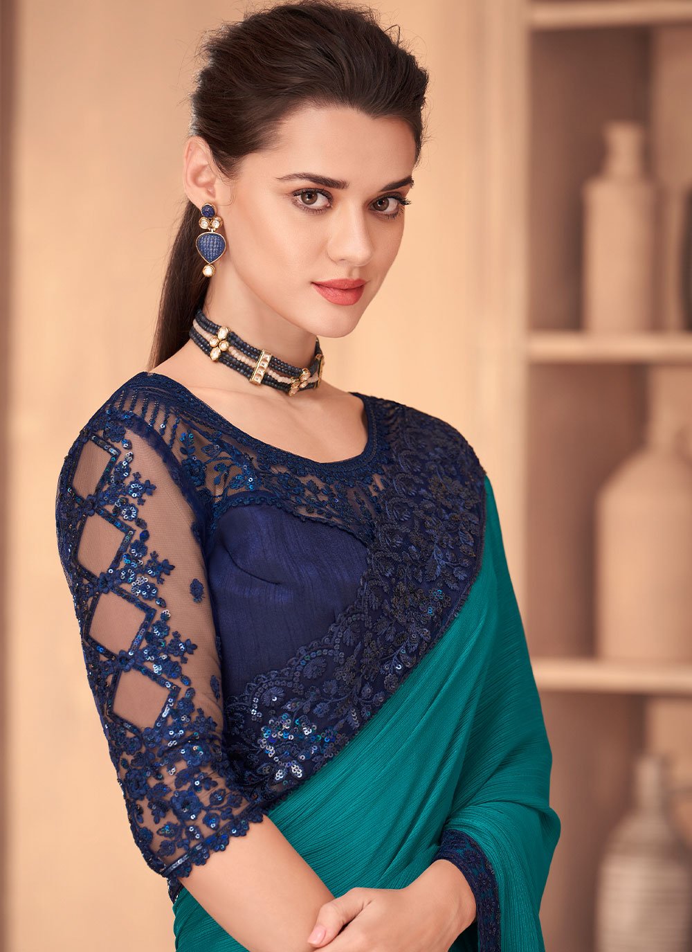 Contemporary Silk Turquoise Embroidered Saree