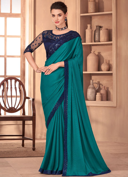 Contemporary Silk Turquoise Embroidered Saree