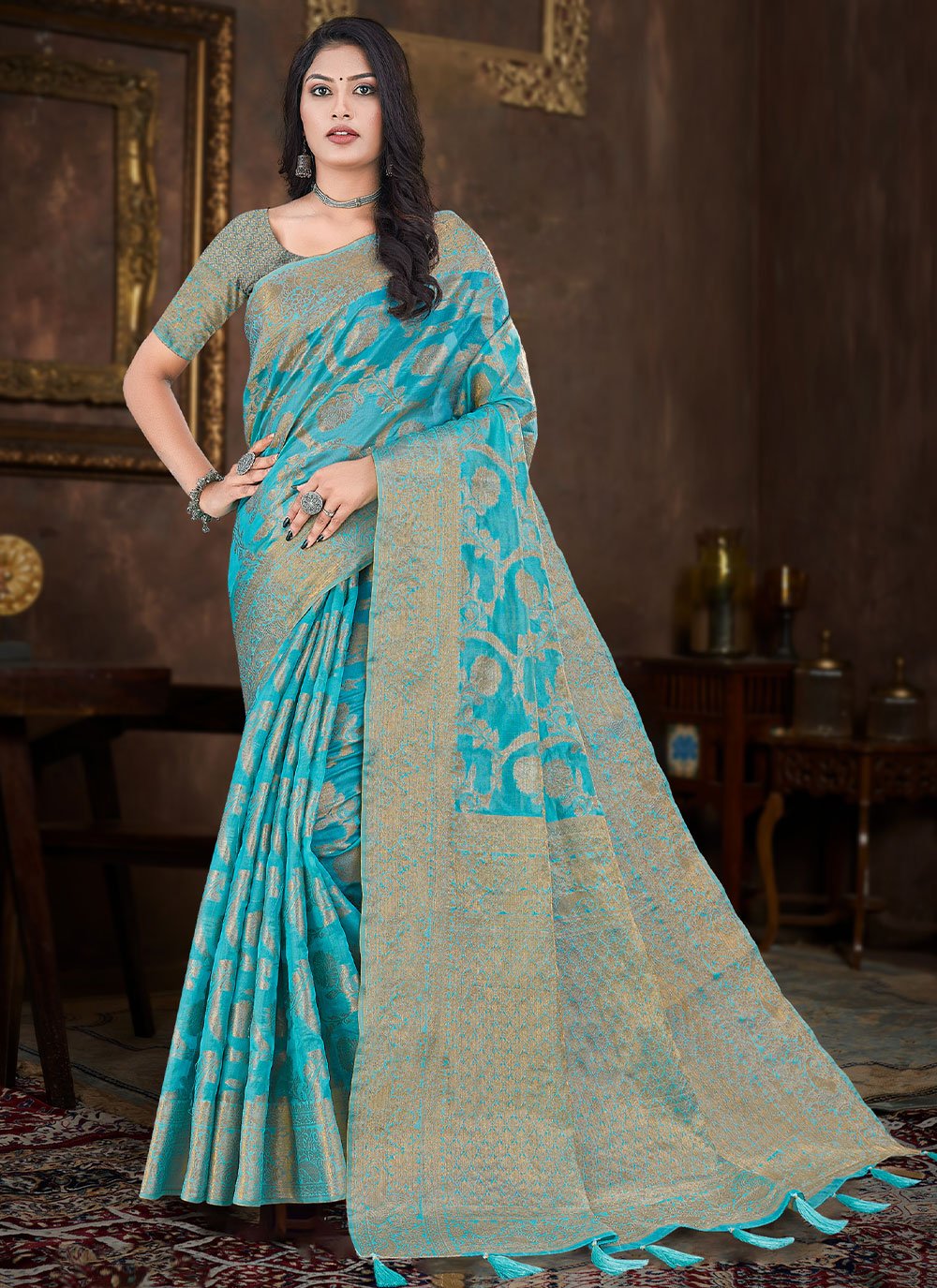 Classic Organza Silk Turquoise Weaving Saree