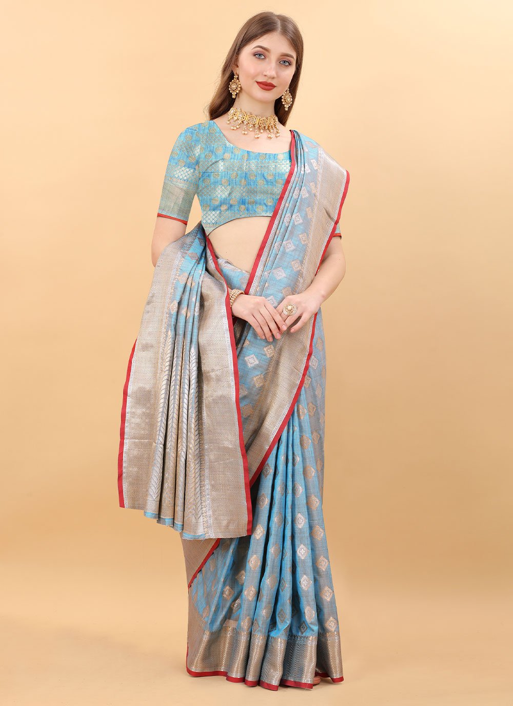 Contemporary Silk Aqua Blue Weaving Saree