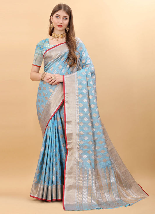 Contemporary Silk Aqua Blue Weaving Saree