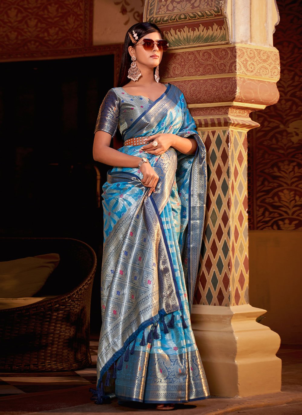 Classic Silk Tissue Blue Weaving Saree