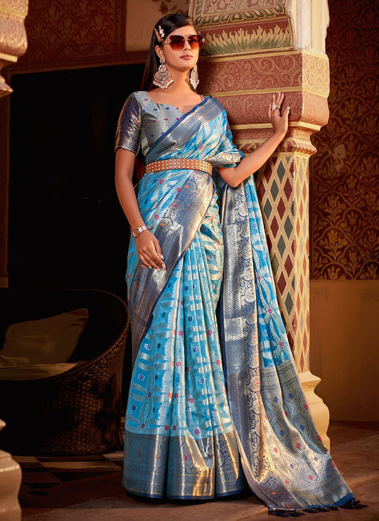 Classic Silk Tissue Blue Weaving Saree